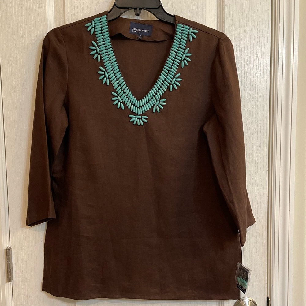 Jones New York Brown Linen Blouse with Turquoise Beads Size M